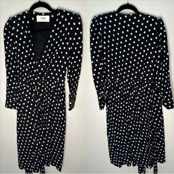 NWT CELINE Midi Wrap Polka Dot Black Dress SZ EUR 36, US 4, S - Picture 2 of 12